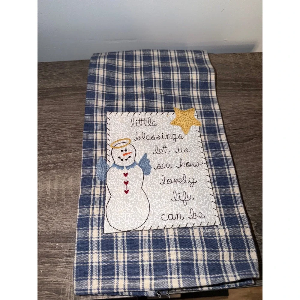 Primitive Snowman Angel Plaid Tea Towel Little Blessings Kitchen Decor